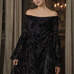 Ladies Dress/ Top Blouse Black Velvet Burnout Bell Sleeve Dark Fairy Whimsigoth